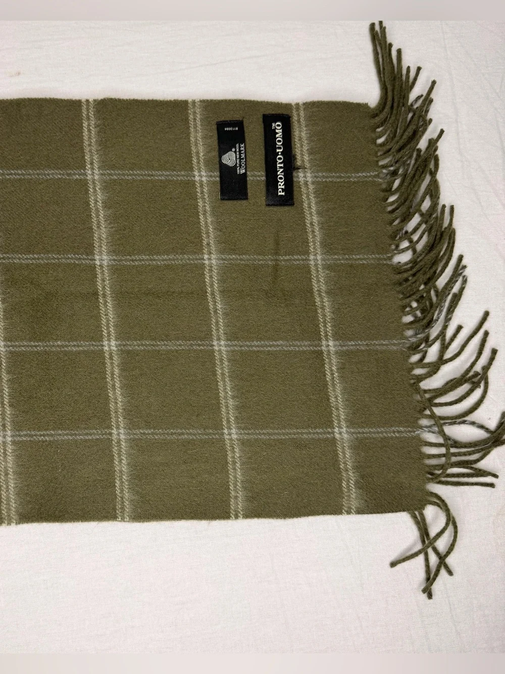Pronto Uomo 100 Pure New Wool Scarf Olive Green Windowpane Fringe Woolmark